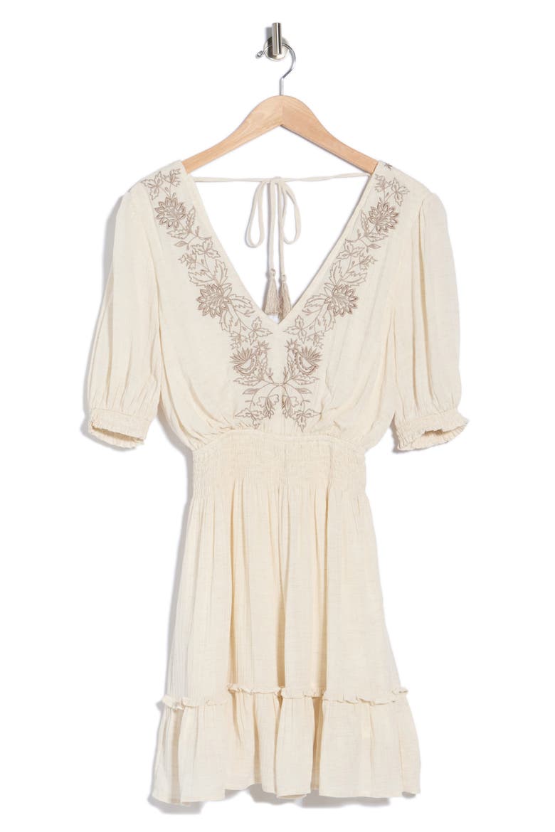 Bishop Sleeve Minidress, Alternate, color, OFF WHITE/ TAUPE