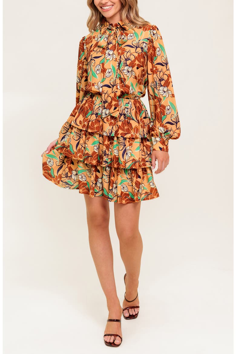 Floral Long Sleeve Minidress, Alternate, color, TAUPE BROWN