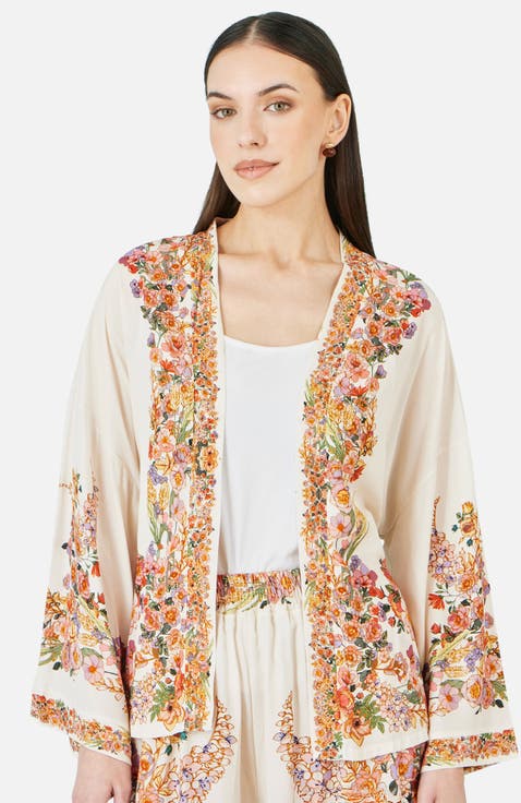 Viscose Floral Border Belted Jacket