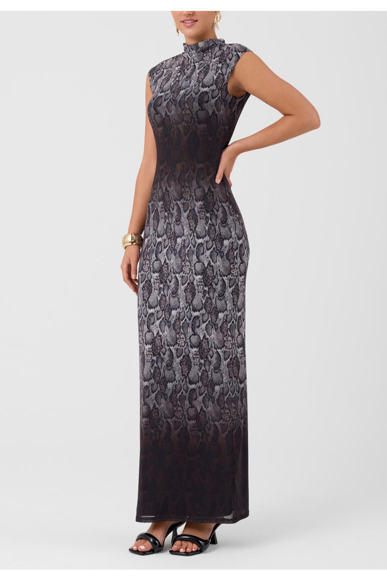 Coco Mock Neck Mesh Midi Dress, Alternate, color, Brown Snake