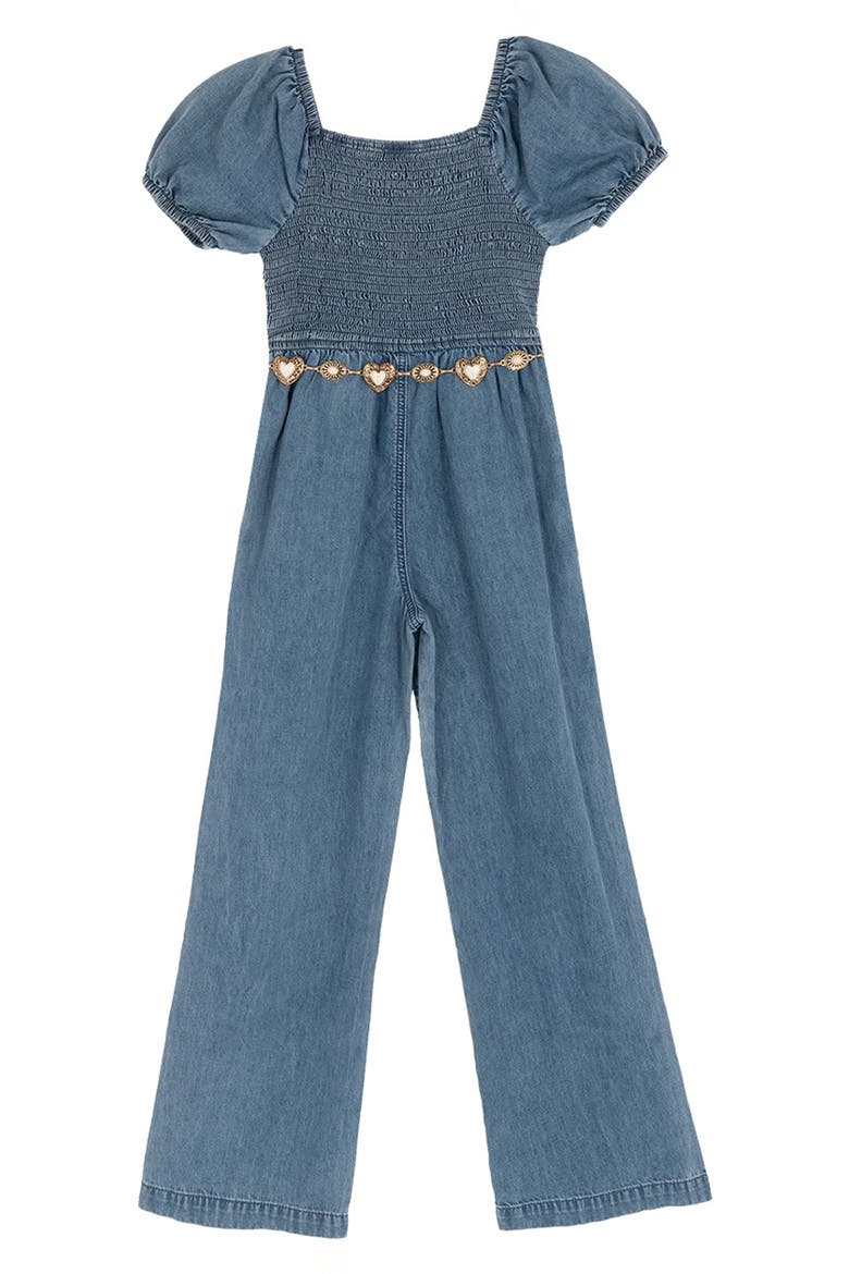 Kids' Denim Puff Sleeve Smocked Jumpsuit, Main, color, BLUE