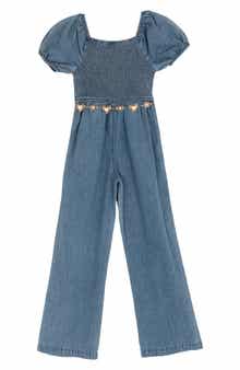 Kids' Denim Puff Sleeve Smocked Jumpsuit