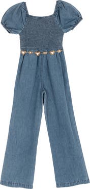 Rare Editions Kids' Denim Puff Sleeve Smocked Jumpsuit