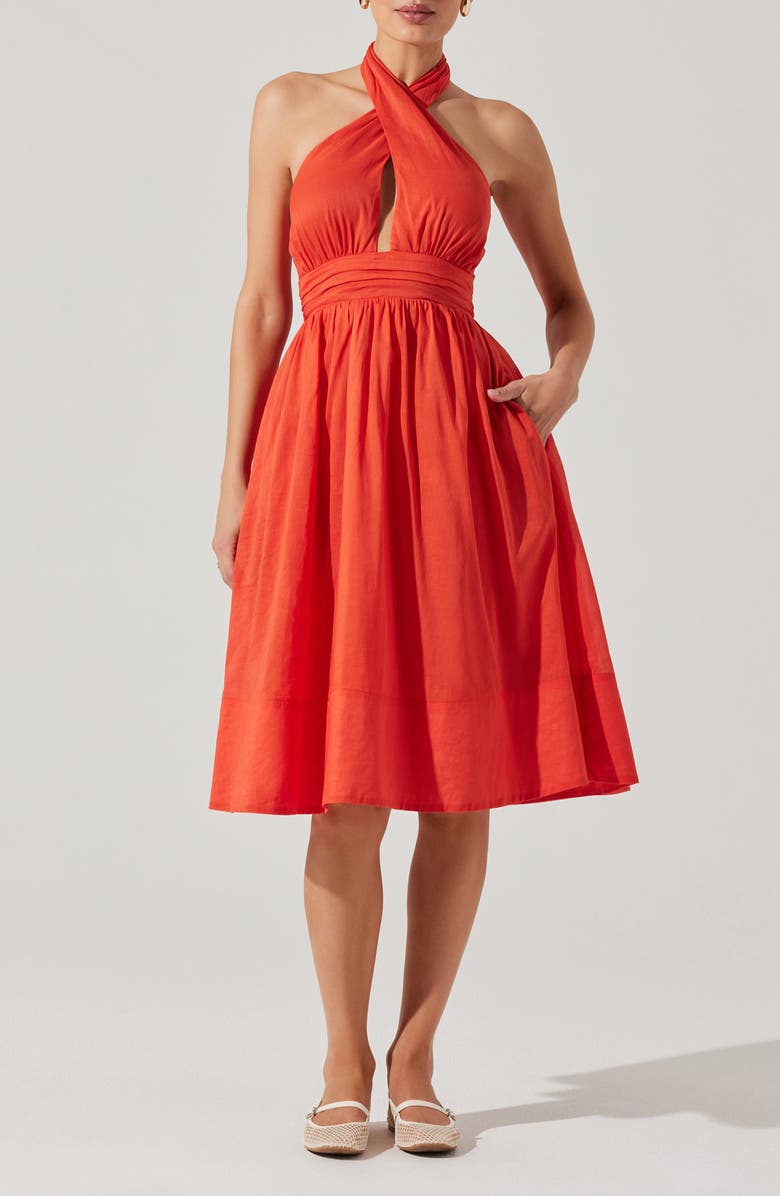 ASTR the Label Kalia Halter Neck Linen & Cotton Dress, Alternate, color, Orange