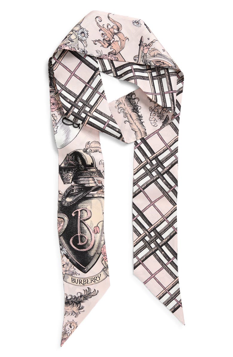 Burberry Etched Equestrian Knight Reversible Silk Skinny Scarf, Alternate, color, Quartz Pink