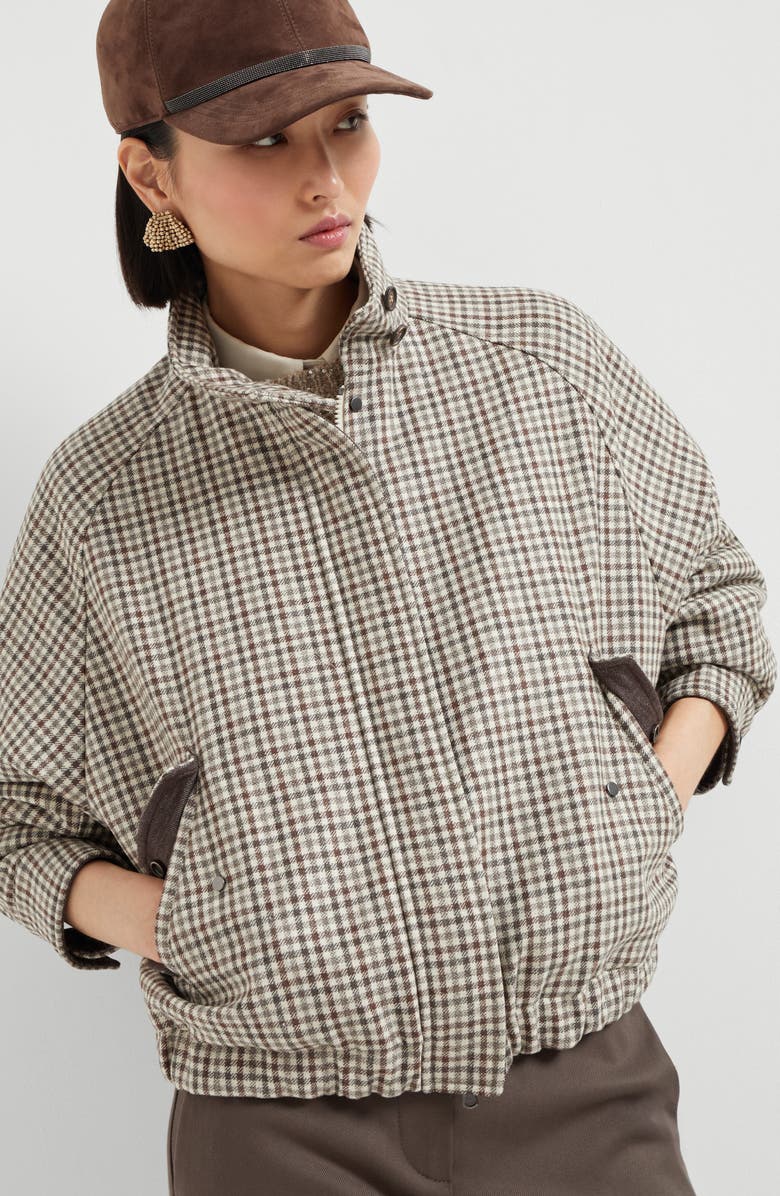 Brunello Cucinelli Checked flannel bomber jacket, Alternate, color, Brown