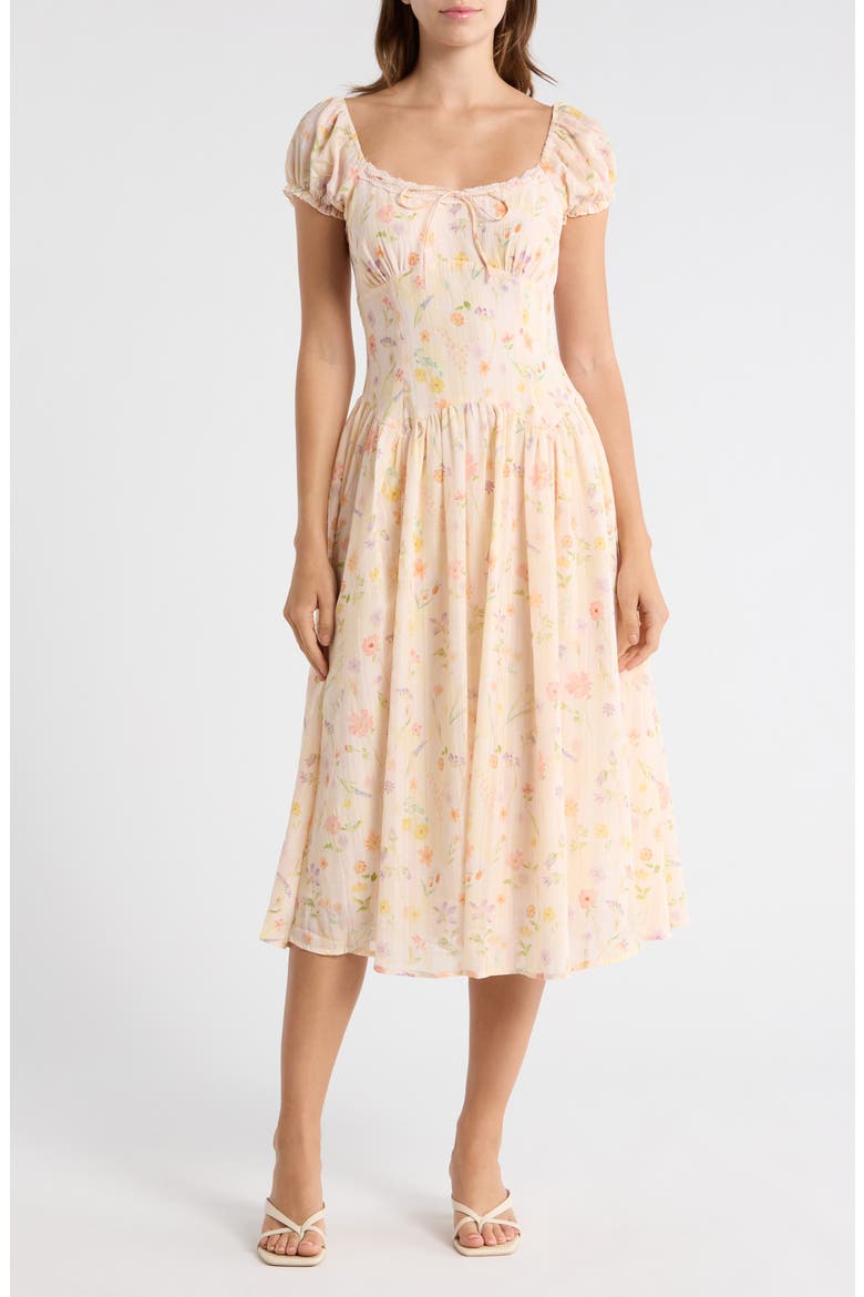 Floral Cap Sleeve Fit & Flare Midi Dress, Main, color, APRICOT FLORAL