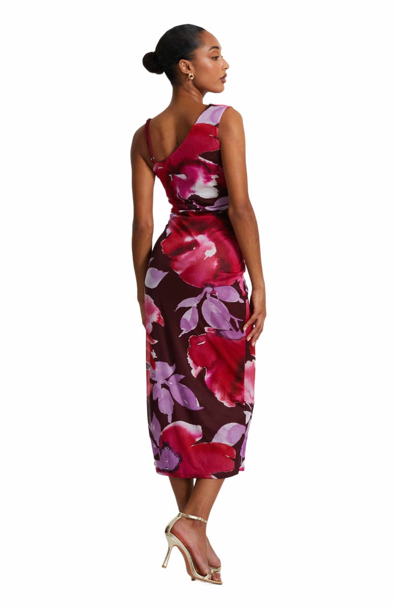 QUIZ Floral Asymmetric Ruched Maxi Dress, Alternate, color, Berry