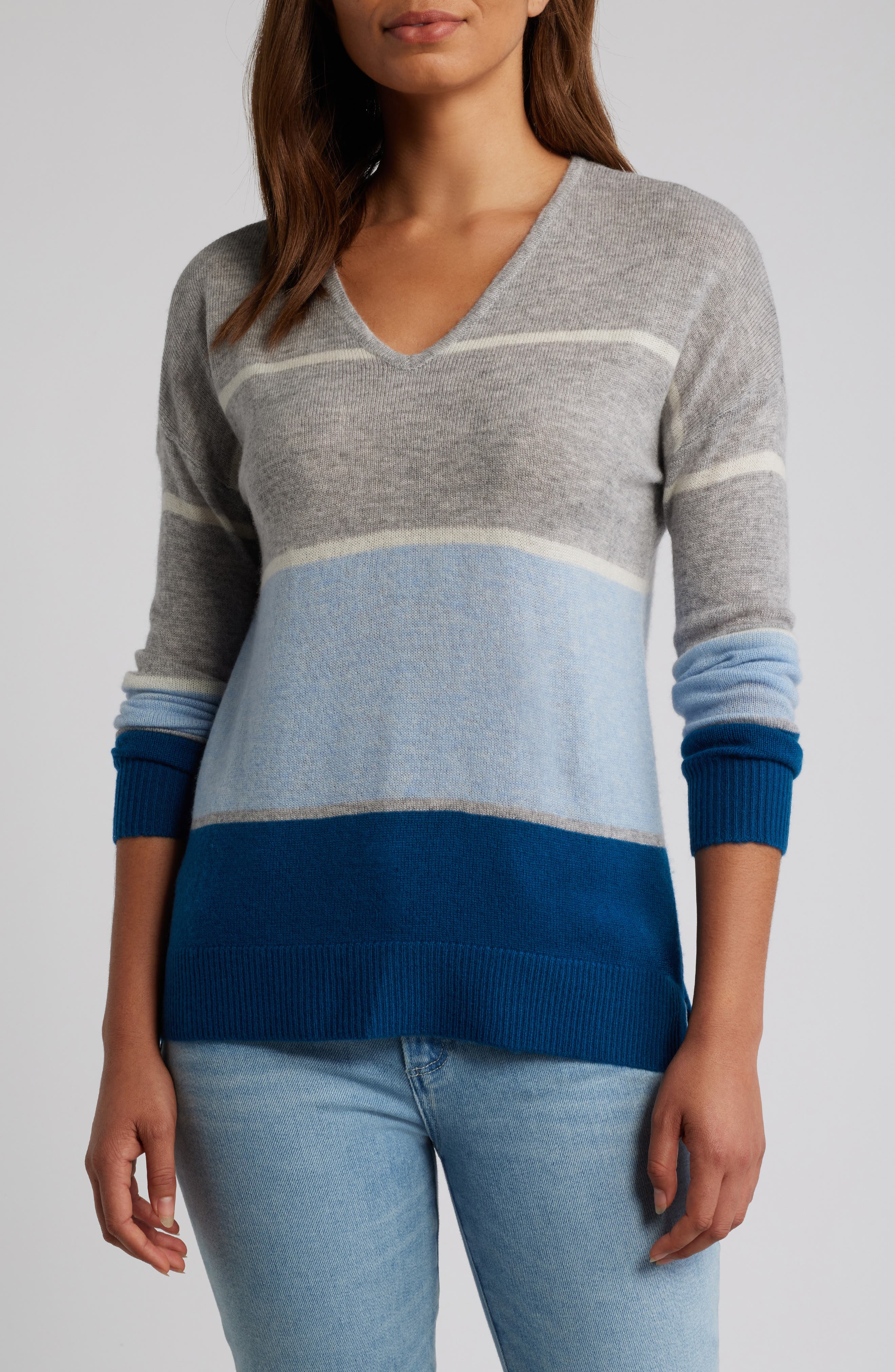 Griffen Stripe Wool & Cashmere V-Neck Sweater in Light Grey Combo 