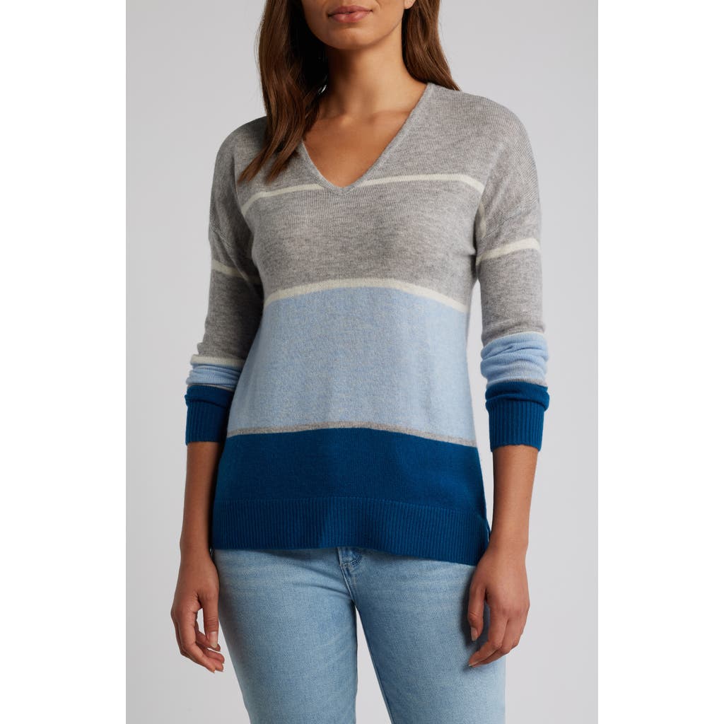 Griffen Stripe Wool & Cashmere V-Neck Sweater in Light Grey Combo