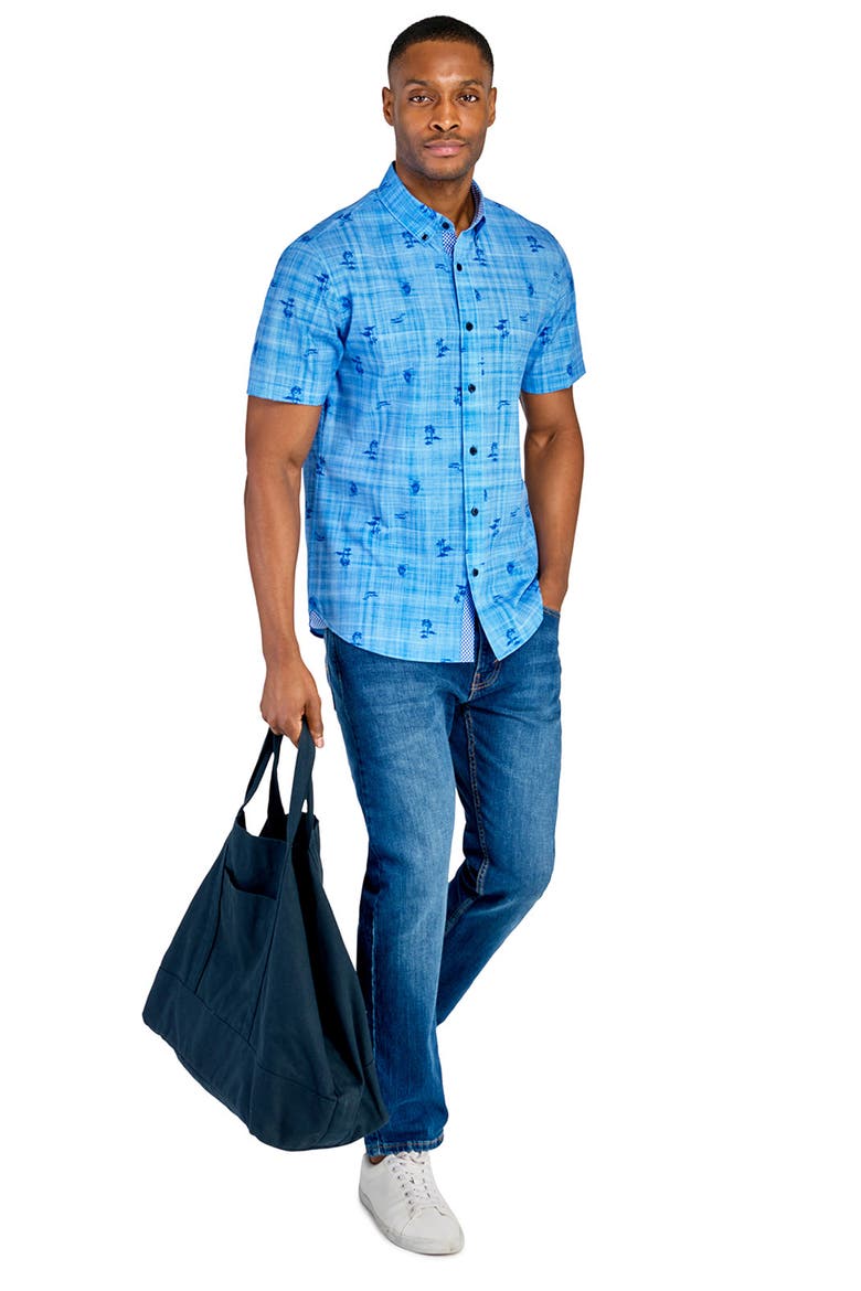 Slim Fit Island Recycled 4-Way Stretch Performance Short Sleeve Shirt, Alternate, color, CHAMBRAY BLUE