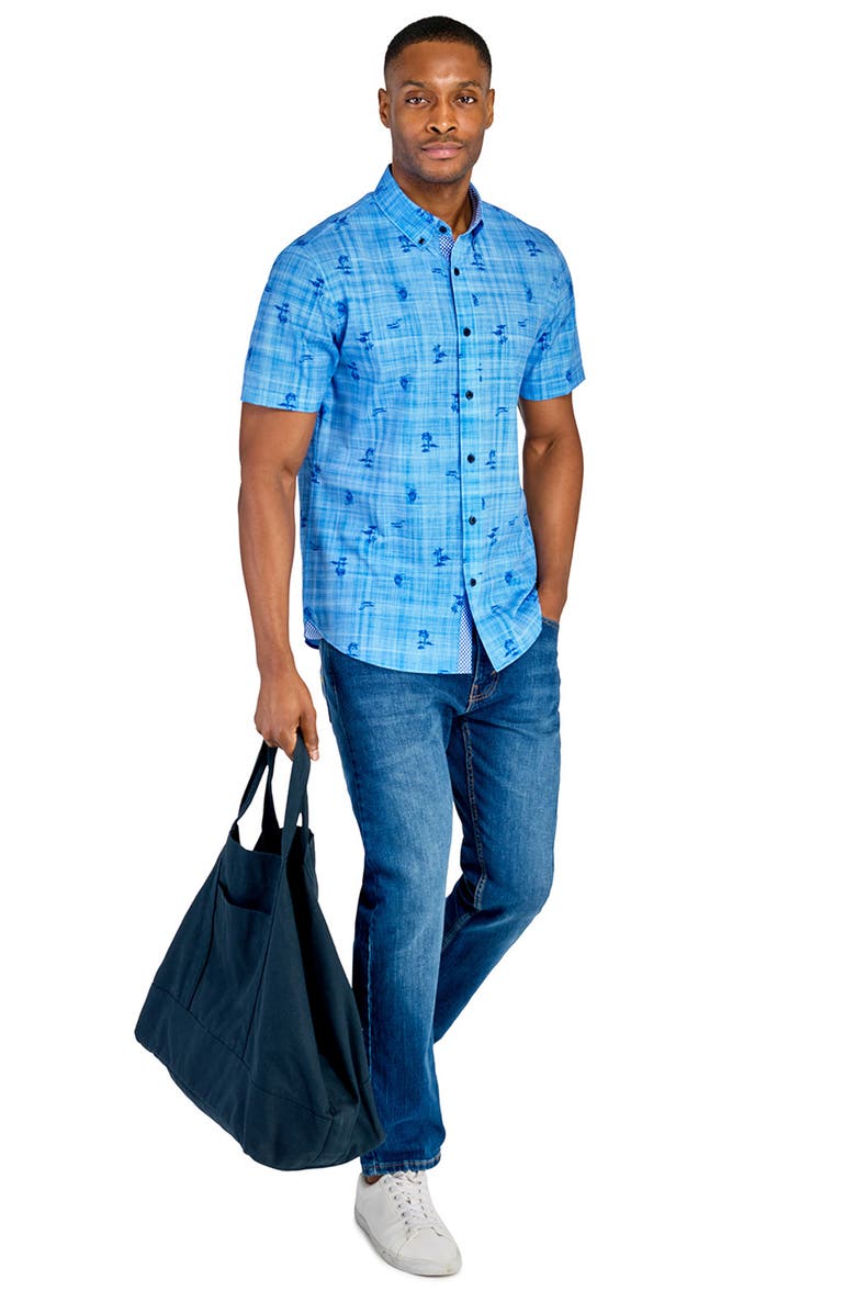CONSTRUCT Slim Fit Island Recycled 4-Way Stretch Performance Short Sleeve Shirt, Alternate, color, Chambray Blue