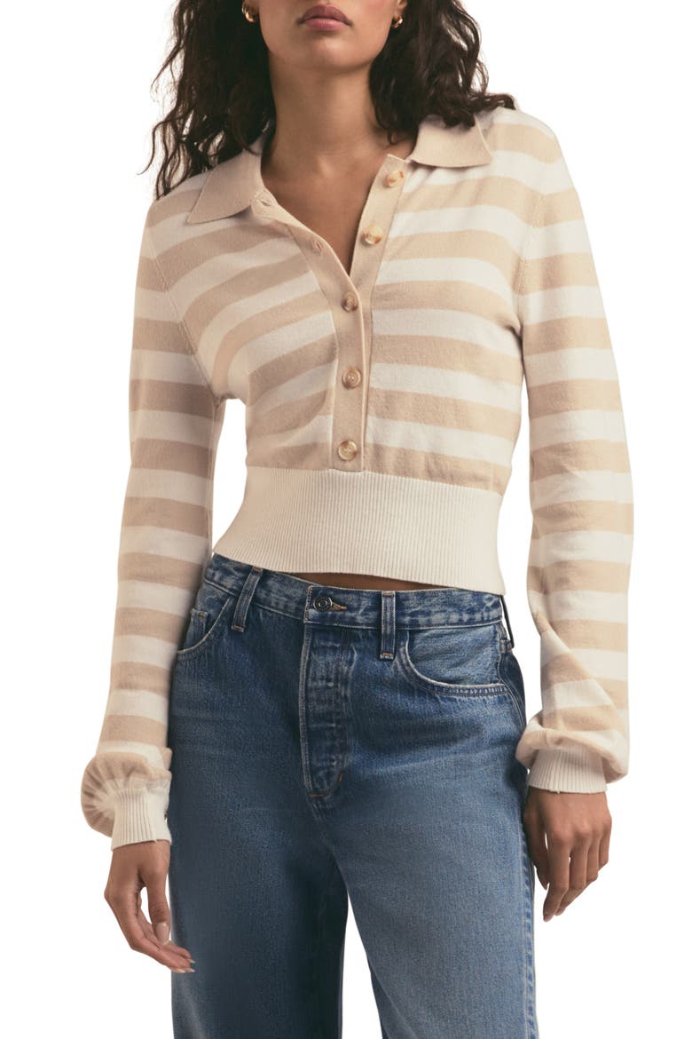 The Belle Polo Cardigan, Main, color, BEIGE/IVORY STRIPE