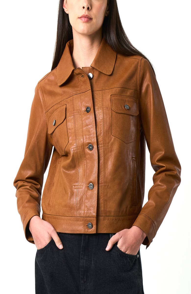 Velez Kalahari Genuine Leather Semi-Fitted Silhouette Trucker Jacket, Main, color, Honey