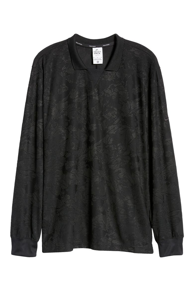 Dri-FIT Tech Pack Floral Jacquard Long Sleeve Polo, Alternate, color, BLACK/ DARK SMOKE GREY