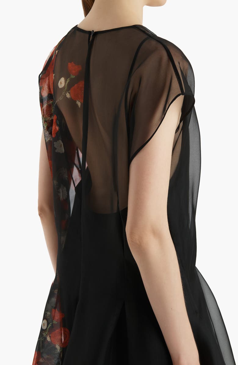 Khaite Merith Floral Sheer Handkerchief Hem Silk Organza Dress, Alternate, color, Black / Red