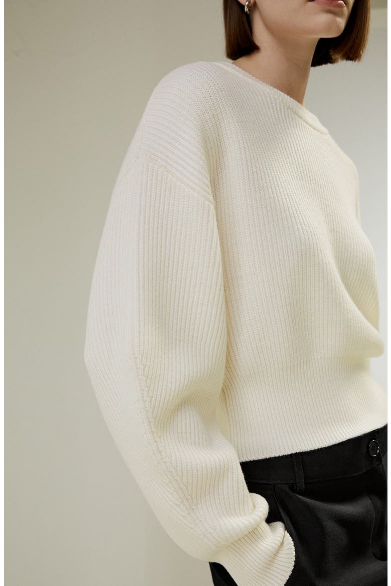 Women's Round Neck Drop-Shoulder Merino Wool Sweater, Alternate, color, White