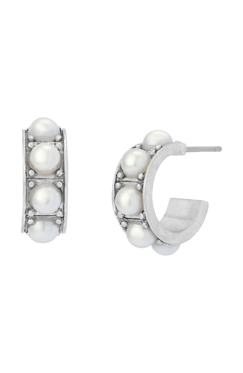 AllSaints Imitation Pearl Small Huggie Earrings, Main, color, Pearl/ Warm Silver