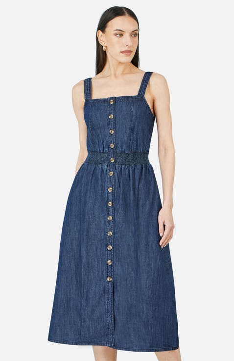 Chambray Cotton Ruched Midi Sun Dress