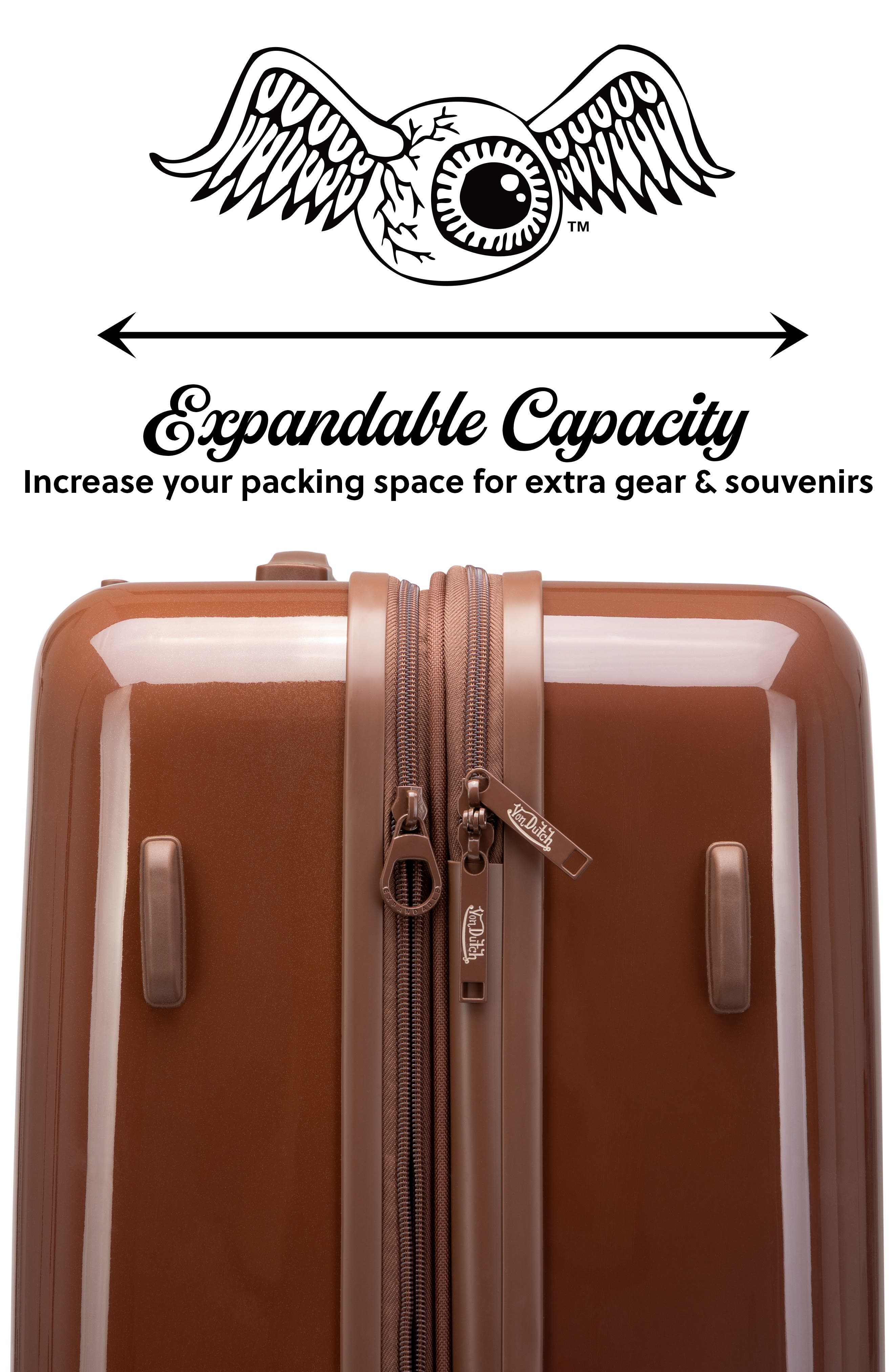 Von Dutch Eyeflight Expandable Hardside Spinner Carry-on Suitcase, Alternate, color, Brown