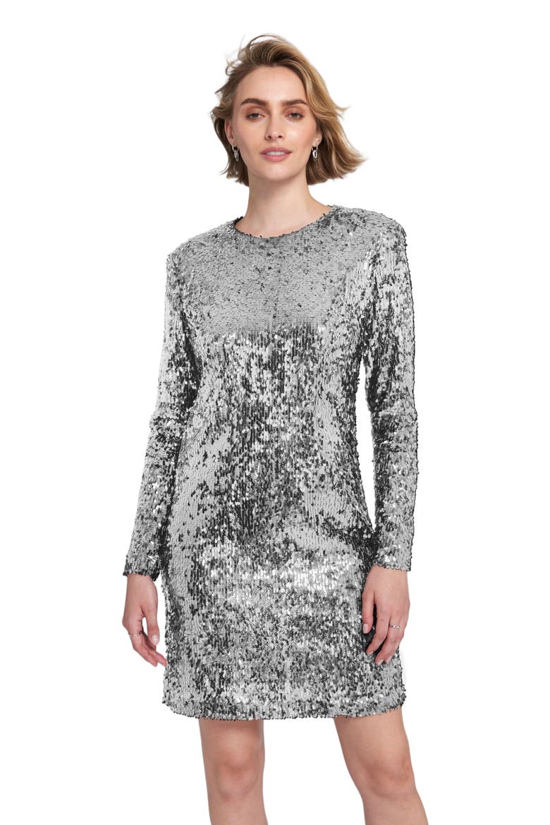 Long sleeve Sequin Shift Dress Embellished/Sequined, Alternate, color, Silver