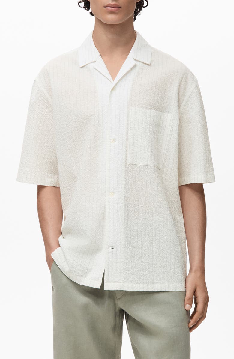 MANGO Stripe Relaxed Fit Stretch Cotton Camp Shirt, Main, color, Off White