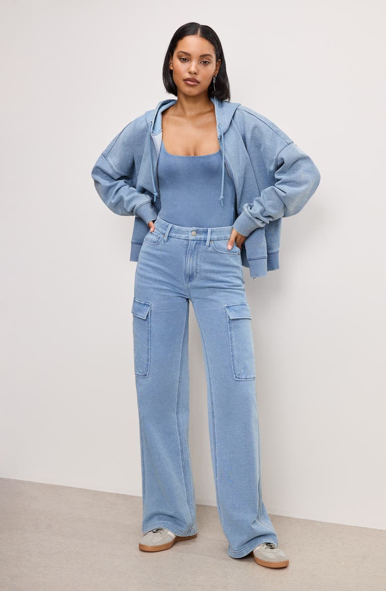 Good American Jeanius Good Skate Wide Leg Cargo French Terry Pants, Alternate, color, Indigo376