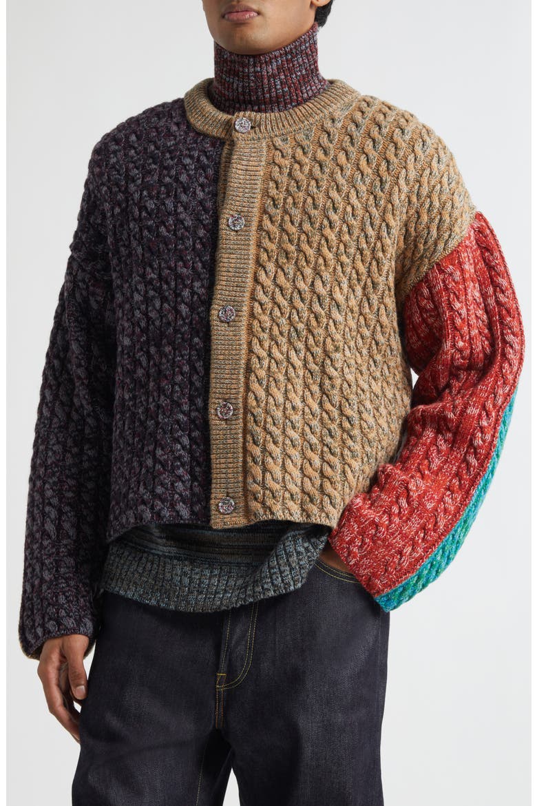 Niall Colorblock Crop One of a Kind Cable Knit Cardigan, Alternate, color, MULTICOLORED