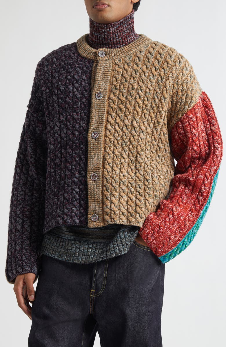 Waste Yarn Project Niall Colorblock Crop One of a Kind Cable Knit Cardigan, Alternate, color, Multicolored