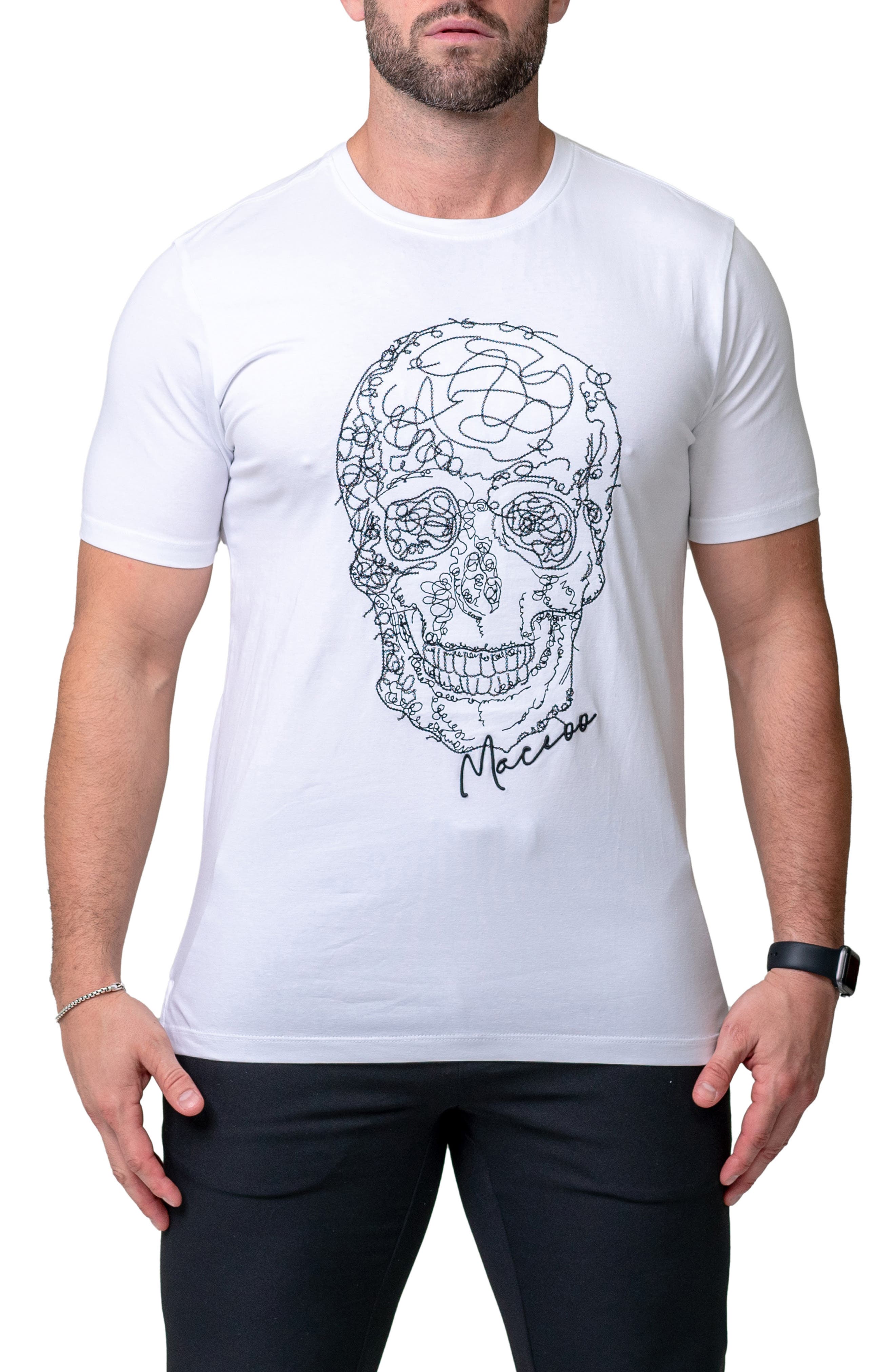 Scribbleskull White Embroidered Skull Stretch Cotton T-Shirt