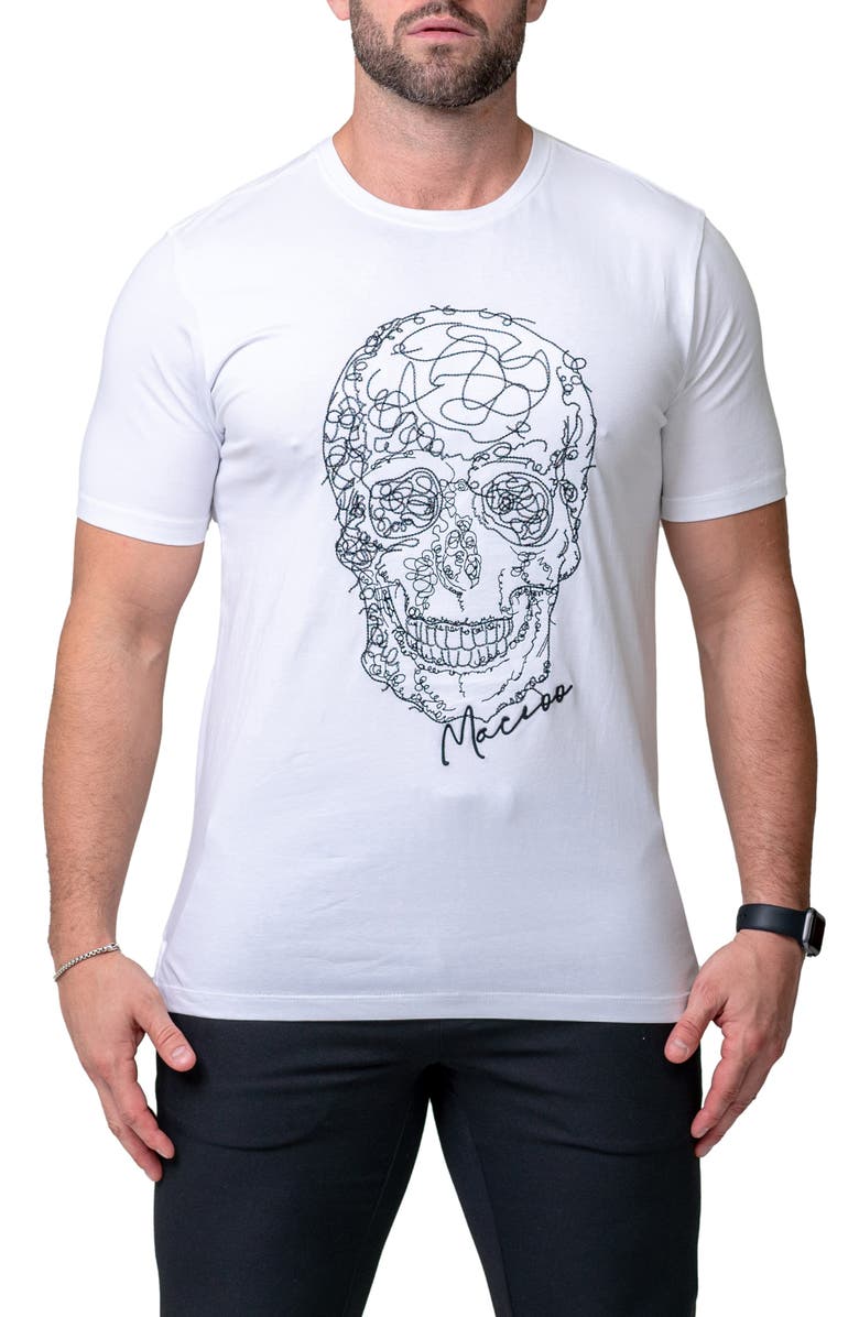 Maceoo Scribbleskull White Embroidered Skull Stretch Cotton T-Shirt, Main, color, White