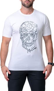Maceoo Scribbleskull White Embroidered Skull Stretch Cotton T-Shirt