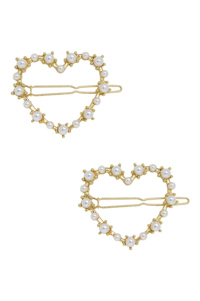 Set of 2 Imitation Pearl Heart Barrettes, Main, color, GOLD