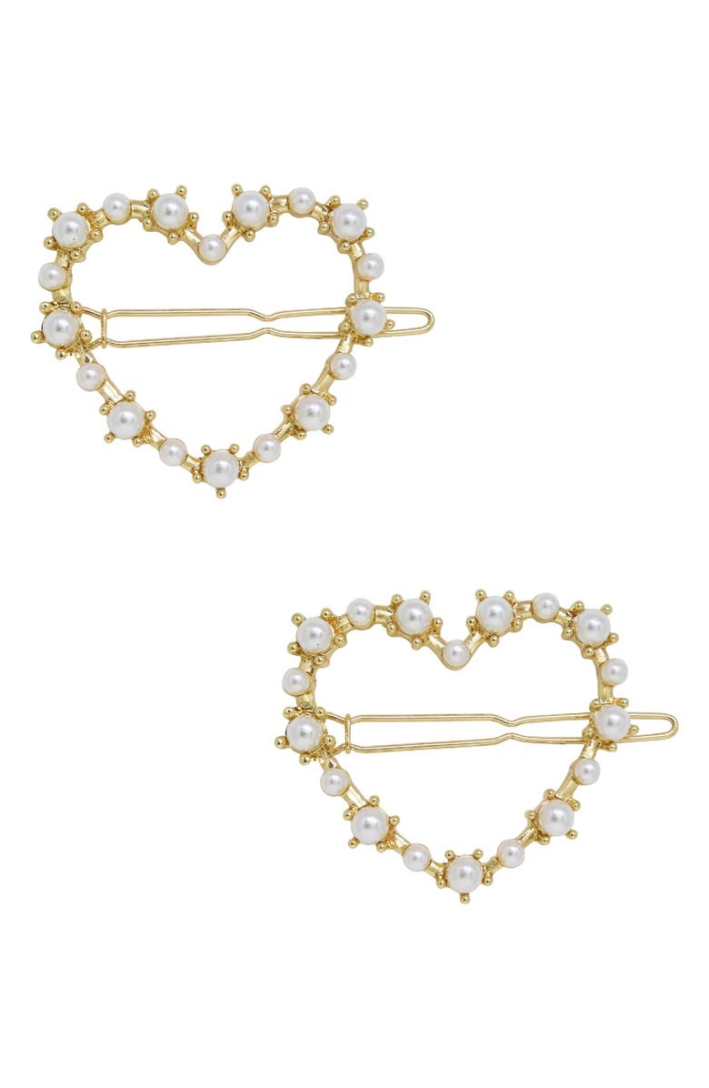 Ettika Set of 2 Imitation Pearl Heart Barrettes, Main, color,