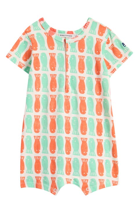 Fish Print Organic Cotton Henley Romper