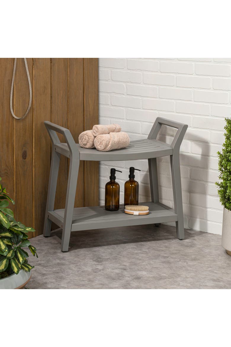 Orla Modern Acacia Wood Shower Bench with 2-Tier Storage Shelf, Spa Bath Stool Seat for Bathroom Indoor/Outdoor, Alternate, color, Gray