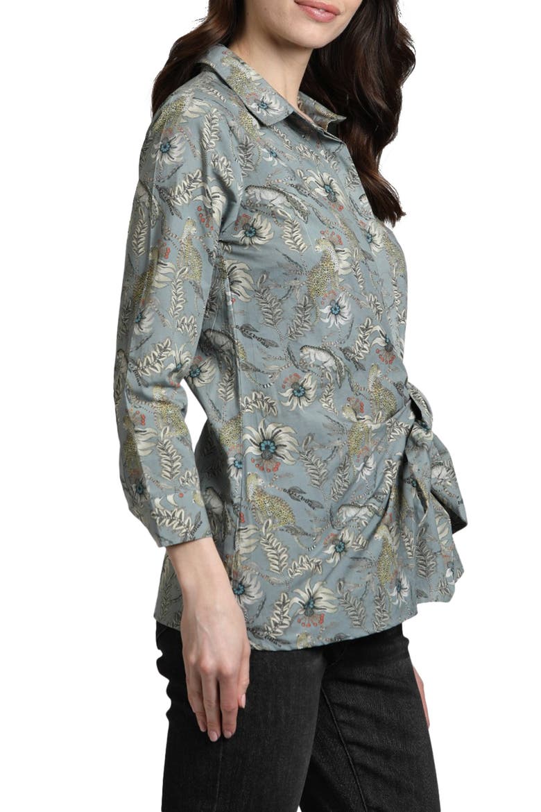 Mixed Print Side Tie Cotton Button-Up Shirt, Alternate, color, GREY MULTI