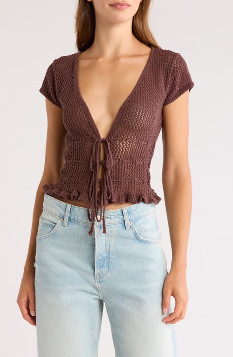 Madeline Open Stitch Tie Front Cotton Top