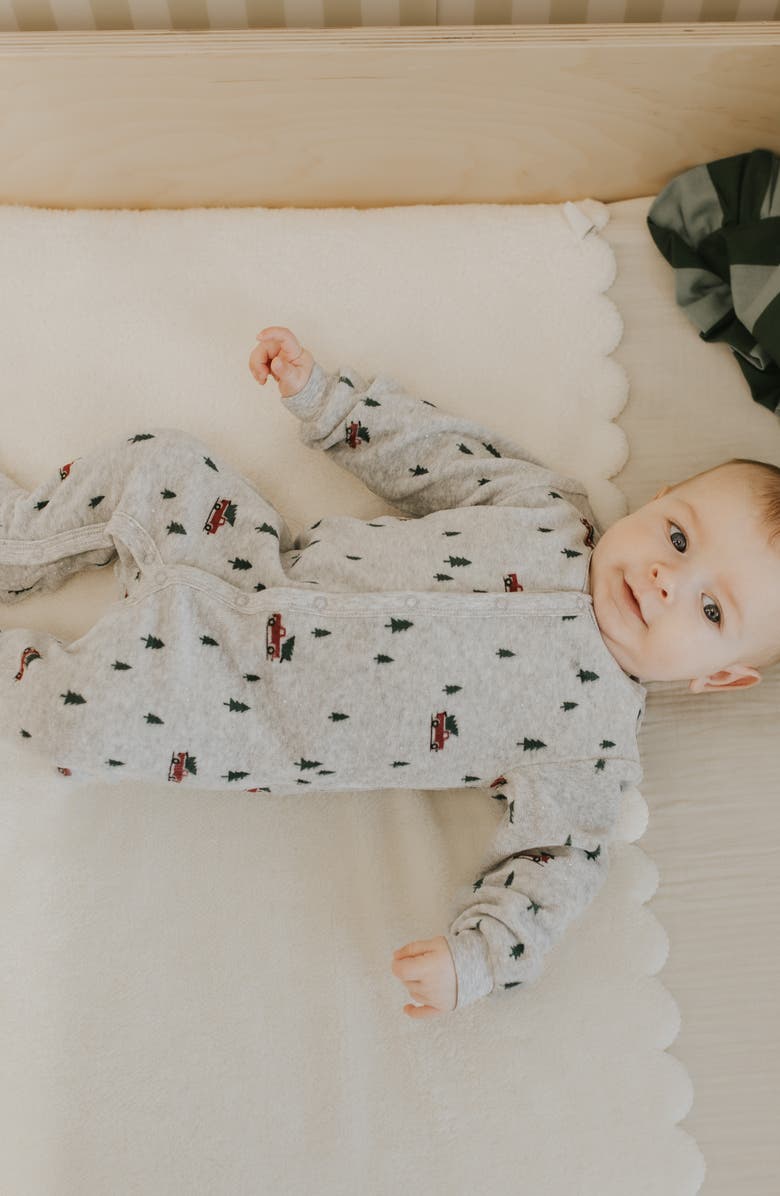 Petit Lem Festive Truck Print Fitted One-Piece Velour Pajamas, Alternate, color, Medium Heather Grey