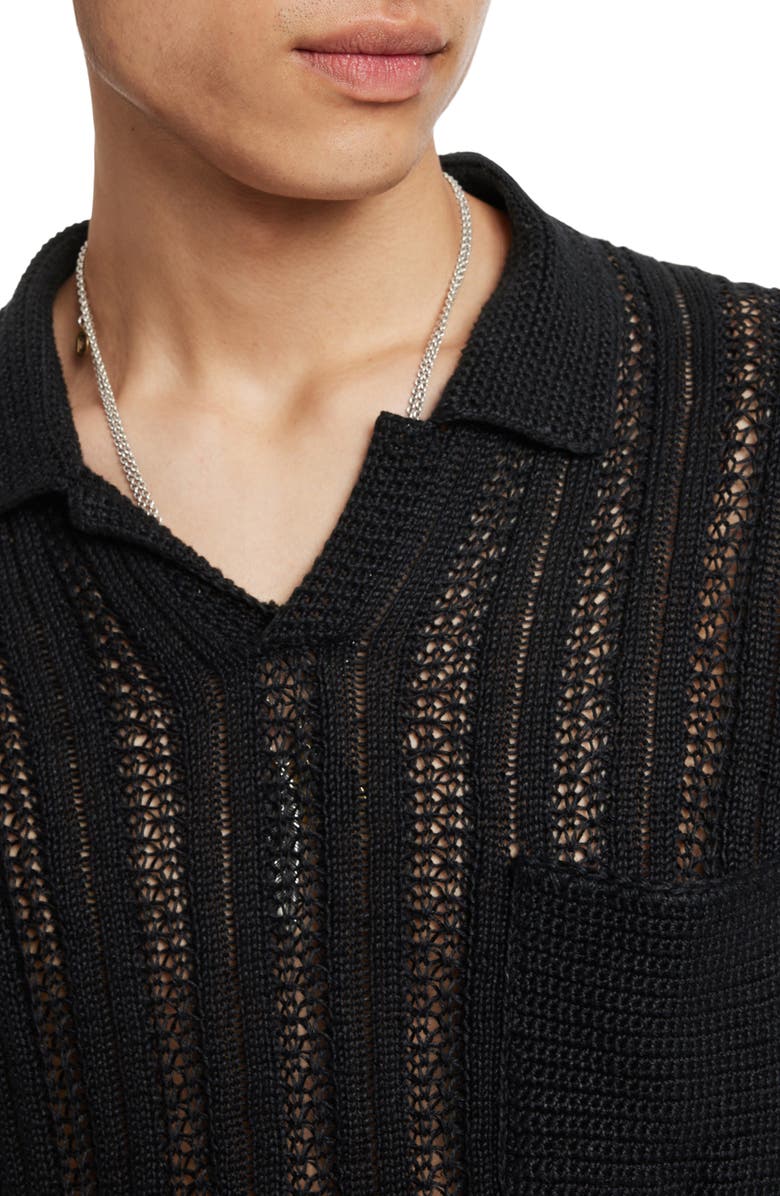 John Varvatos Odin Short Sleeve Textured Linen Johnny Collar Sweater, Alternate, color, Black