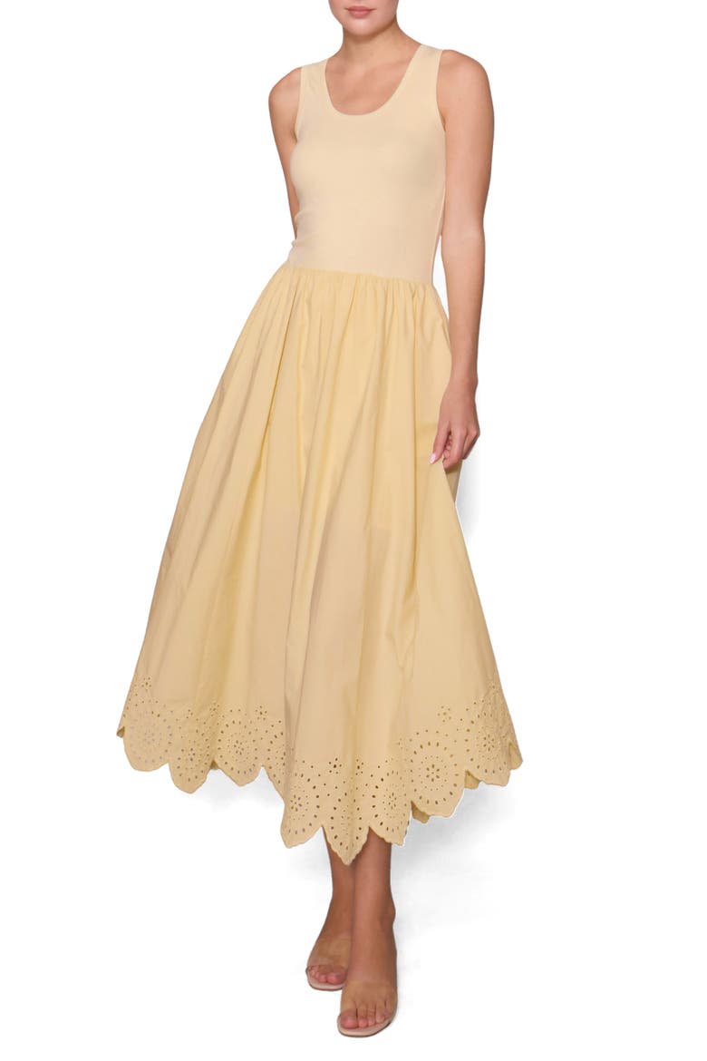 Eyelet Scallop Sleeveless Mixed Media Maxi Dress, Main, color, BUTTER YELLOW