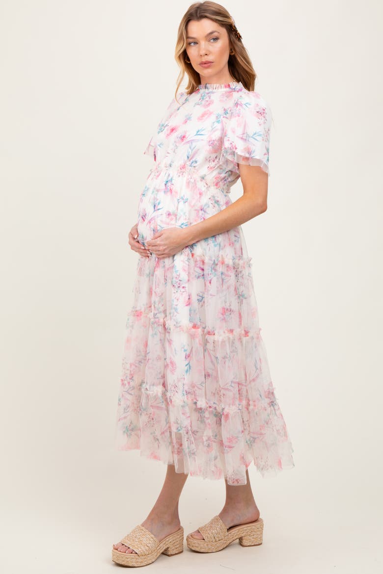 Floral Mesh Ruffle Tiered Midi Dress, Alternate, color, Ivory