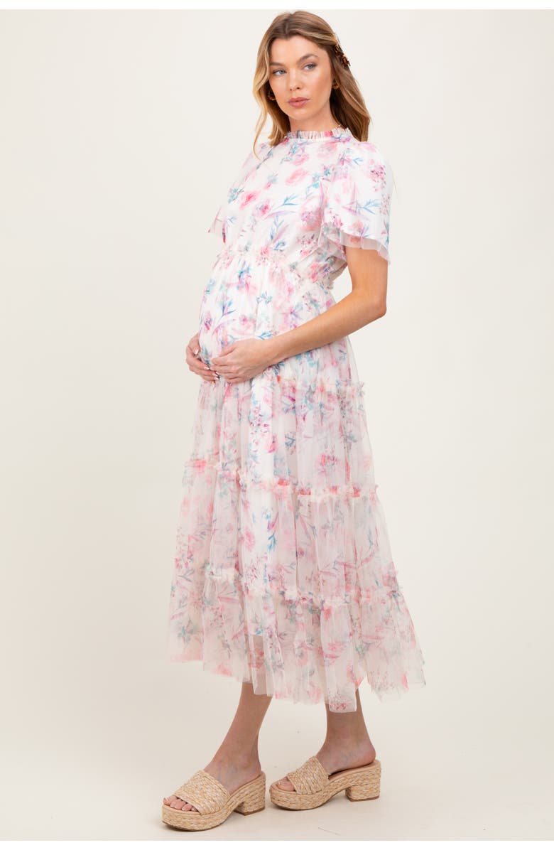PinkBlush Floral Mesh Ruffle Tiered Midi Dress, Alternate, color, Ivory