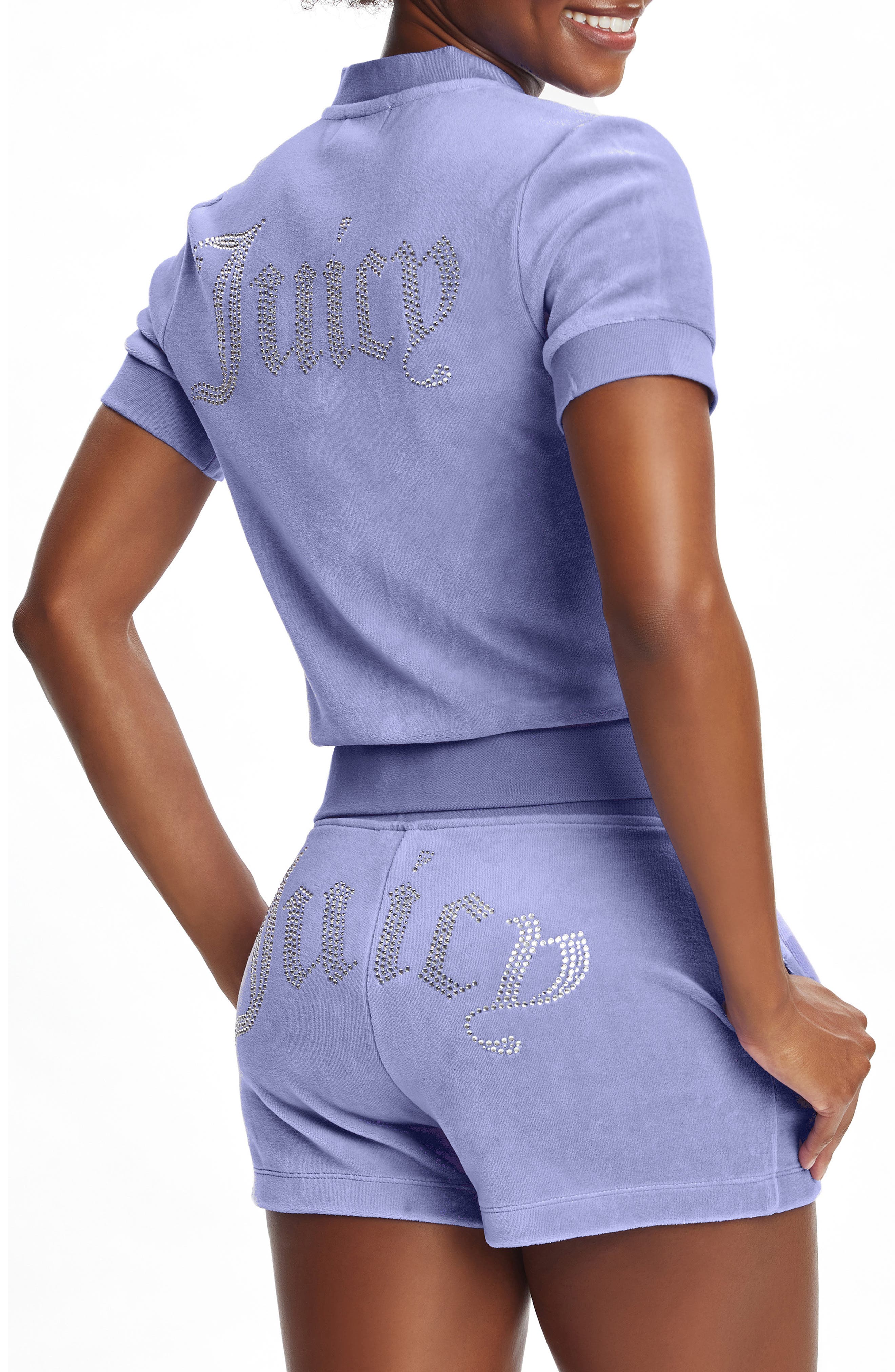 Juicy Couture Rhinestone Logo Zip Front Velour Top (Women) | Nordstrom