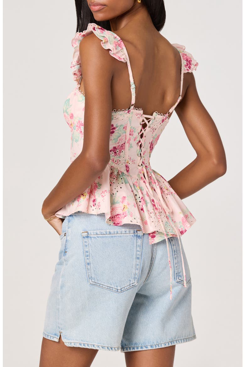 Baylin Floral Eyelet Lace-Up Back Peplum Top, Alternate, color, PINK FLORAL