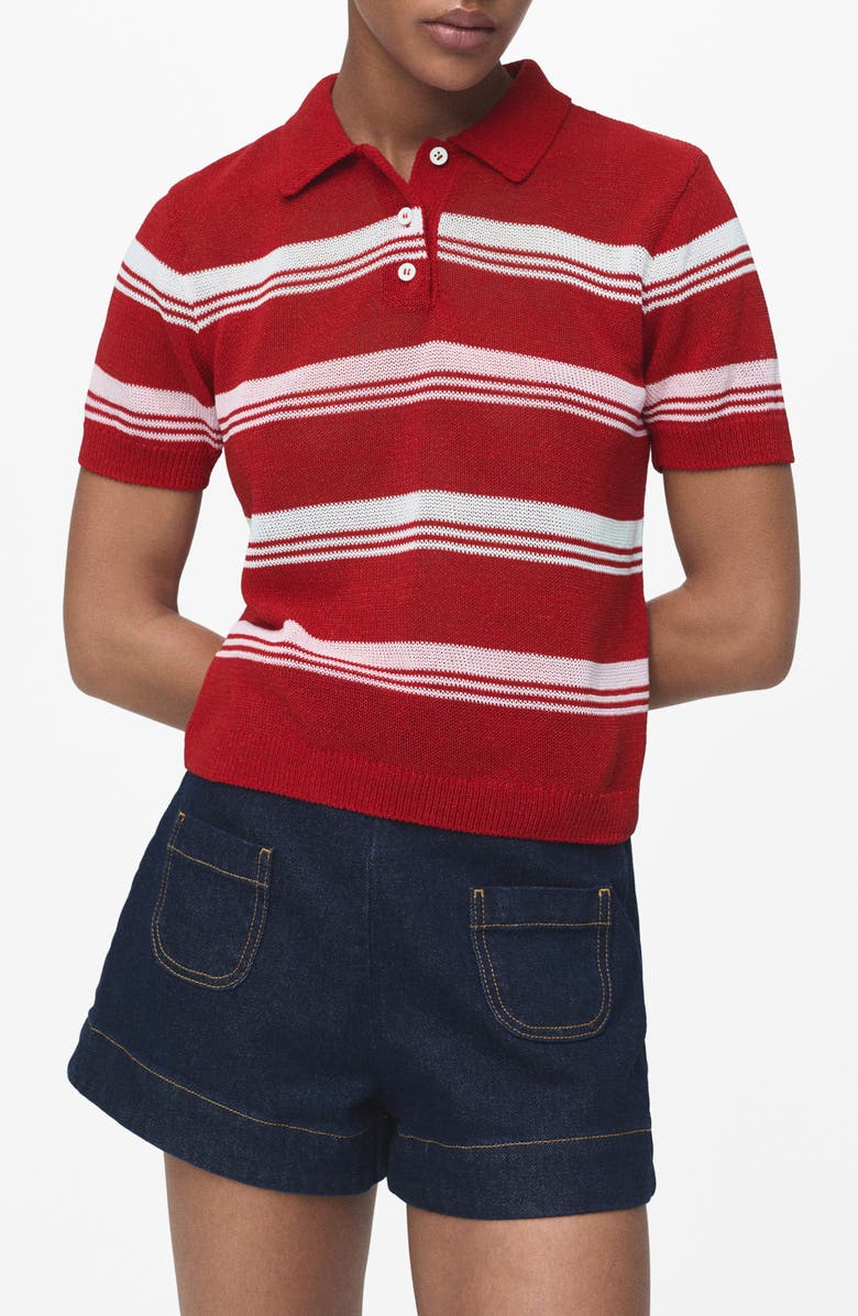 MANGO Stripe Short Sleeve Polo Sweater, Main, color, Red