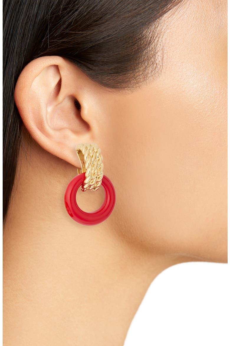 Red Doorknocker Clip-On Earrings, Alternate, color, PEARL GOLD