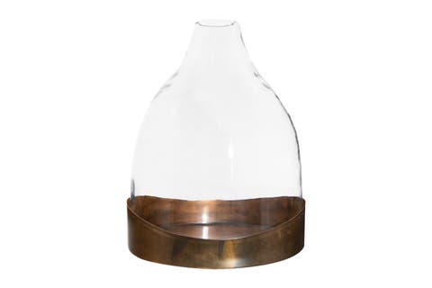 Decorative Glass Cloche with Metal Tray, Clear and Copper
