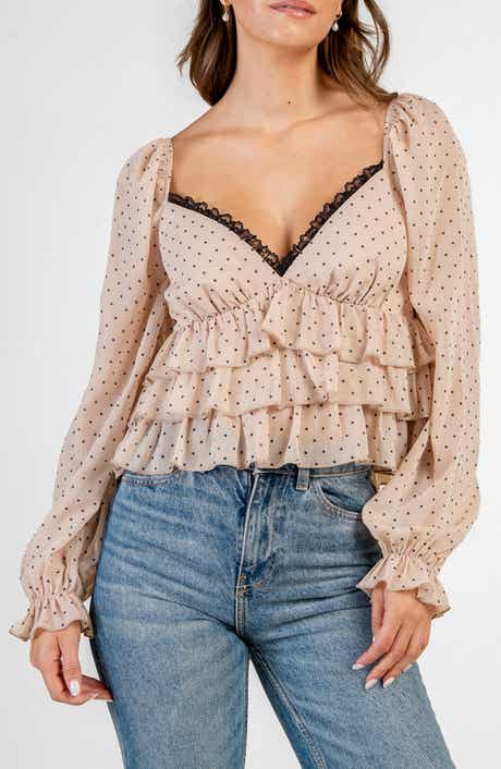 Polka Dot Ruffle Chiffon Long Sleeve Top