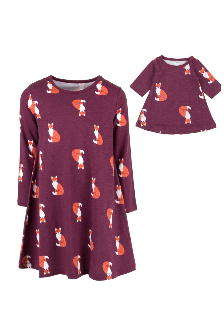 Girls Cotton Dress with Matching Doll Dress, Printed Design, Alternate, color, FOX